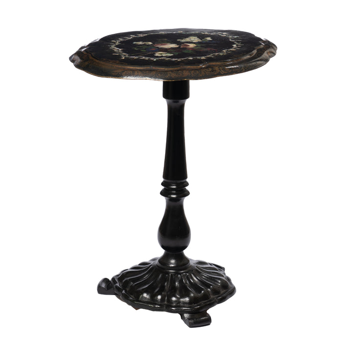 English Victorian Mother of Pearl inlaid and painted paper mache tilt top table (1860)