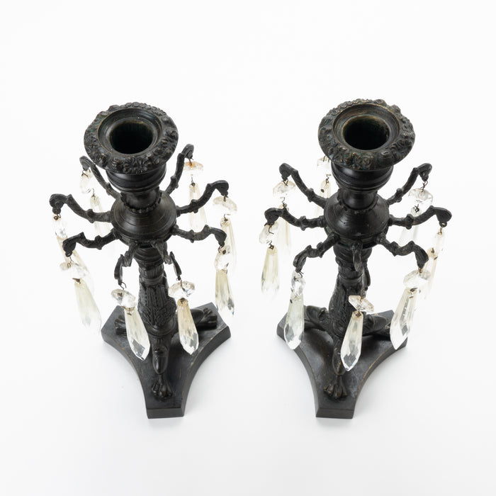 Pair of English cast bronze candlesticks with luster rings (c. 1830-40)