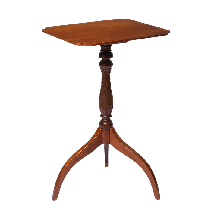 American cherry spider leg candle stand with feather carved baluster pedestal (c. 1800)