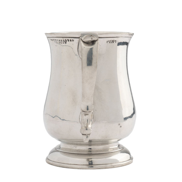 Watts & Harton tulip shaped polished pewter mug with applied scroll handle (c. 1830)
