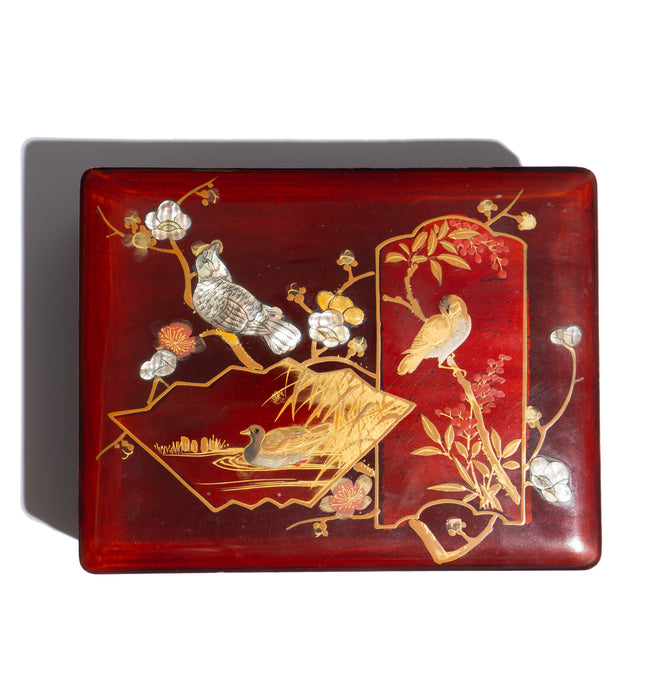 Japanese lacquered, enameled, and inlaid box with hinged lid (1800's)