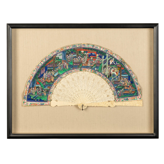 Chinese telescopic Canton fan of carved bone stays (1850's)