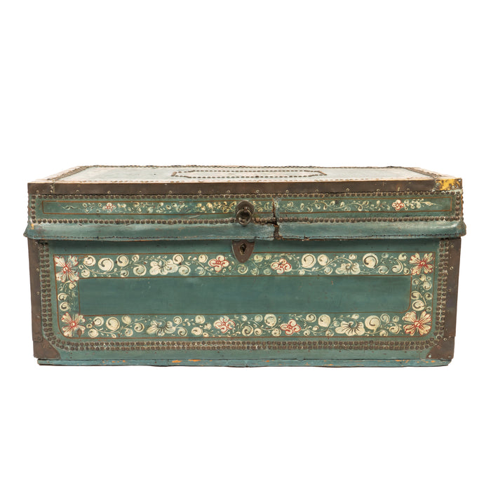 Chinese decorated blue leather covered camphor wood trunk (c. 1825)