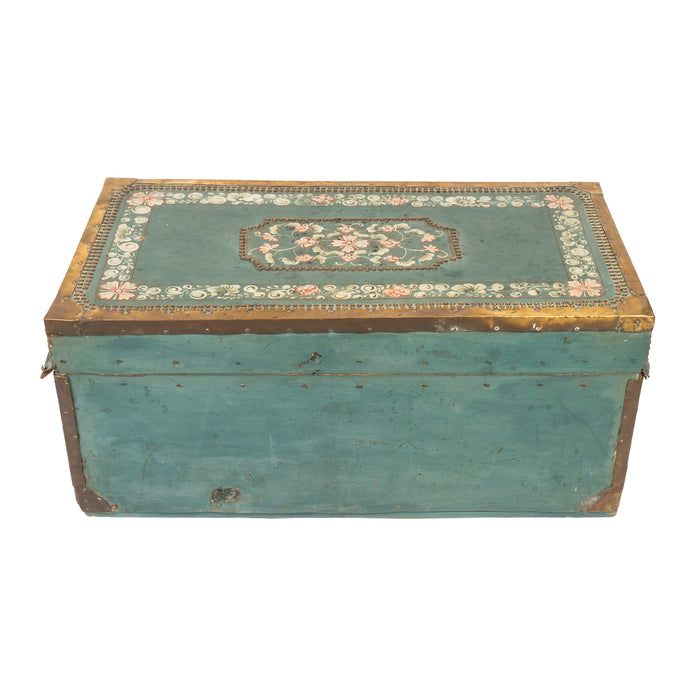 Chinese decorated blue leather covered camphor wood trunk (c. 1825)