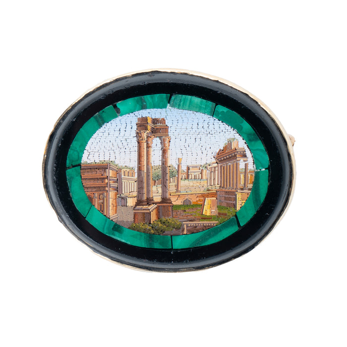 Oval micro mosaic pin of the Roman Forum framed in malachite (c. 1830)