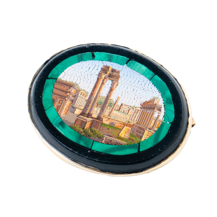 Oval micro mosaic pin of the Roman Forum framed in malachite (c. 1830)