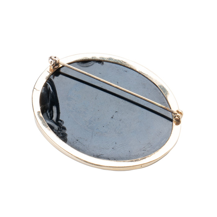 Oval micro mosaic pin of the Roman Forum framed in malachite (c. 1830)