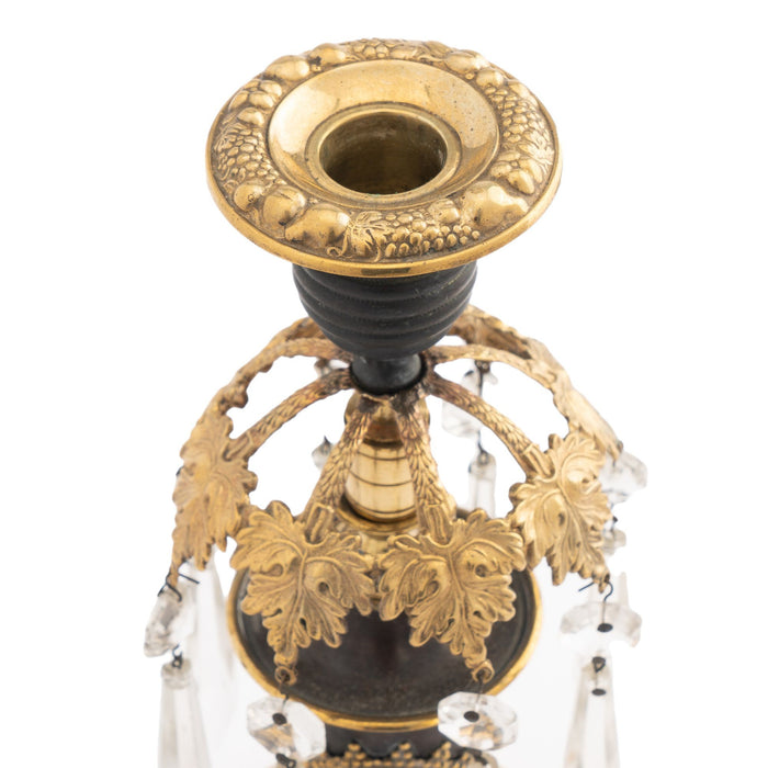 English Regency candlesticks with luster ring & cut glass lusters (1800)
