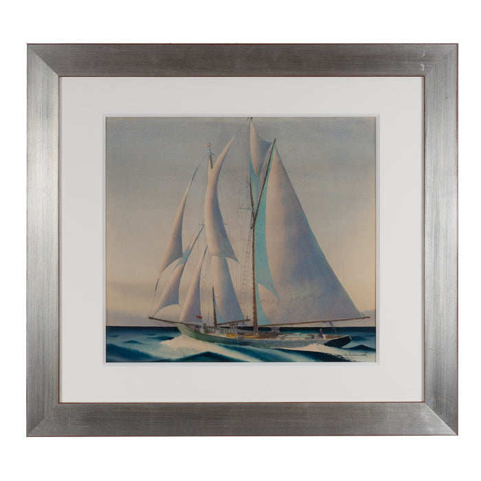 Watercolor of a racing yacht under full sail by Sandor Bernathy (c. 1930)
