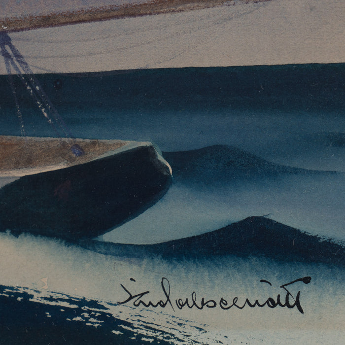 Watercolor of a racing yacht under full sail by Sandor Bernathy (c. 1930)