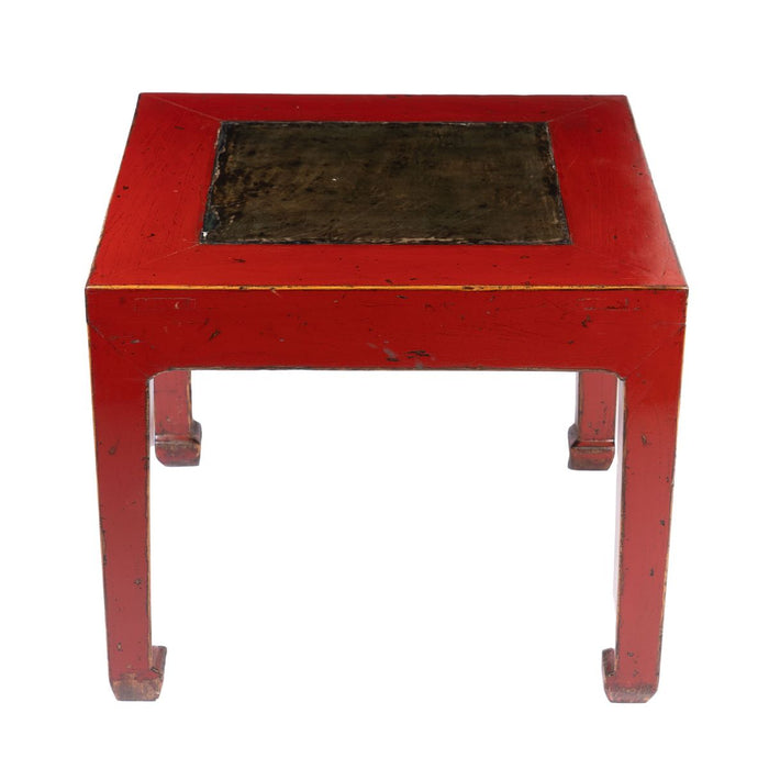 Chinese red lacquered square table fitted with inset stone top (c. 1900)