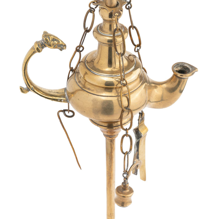 Italian cast brass single spout oil lamp with deflector (c. 1790)