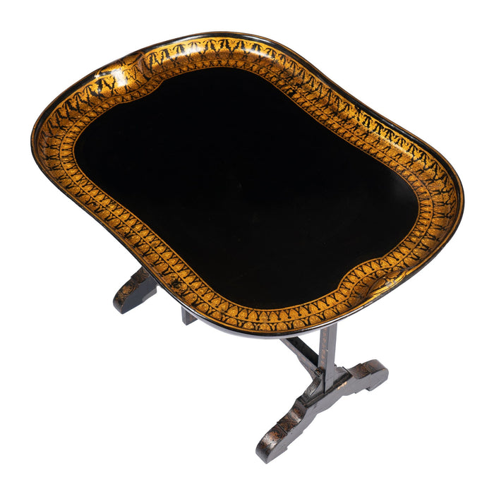 Jennings & Bettridge attributed papier mache tray on hinged tilt top stand (c. 1830)
