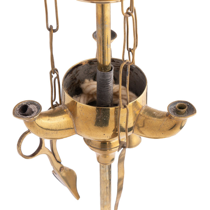 Italian 3 spout brass Lucerne oil lamp with wick implements (c. 1790)