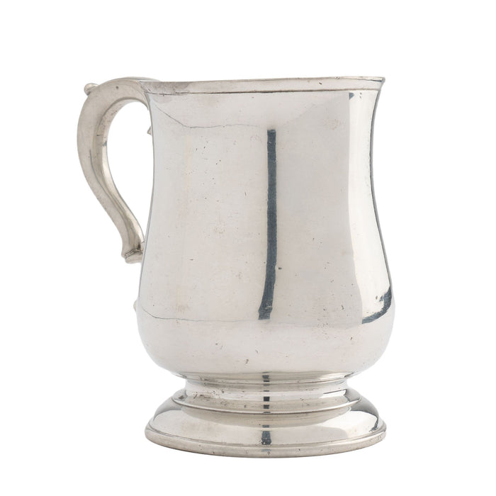Watts & Harton tulip shaped polished pewter mug with applied scroll handle (c. 1830)