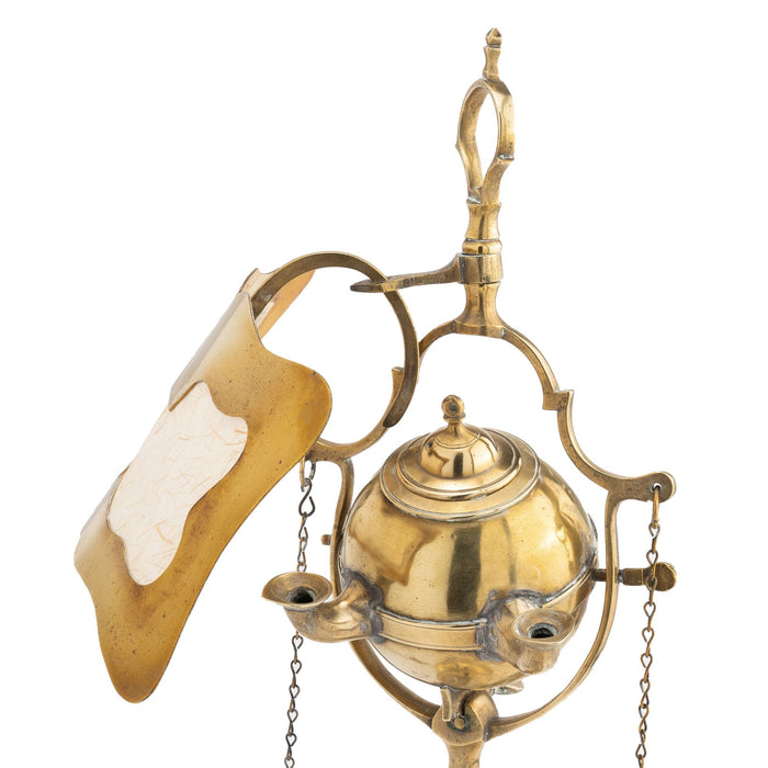 Italian cast brass two burner Lucerne oil lamp with deflector (c. 1800)