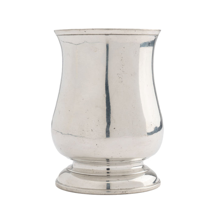 Watts & Harton tulip shaped polished pewter mug with applied scroll handle (c. 1830)
