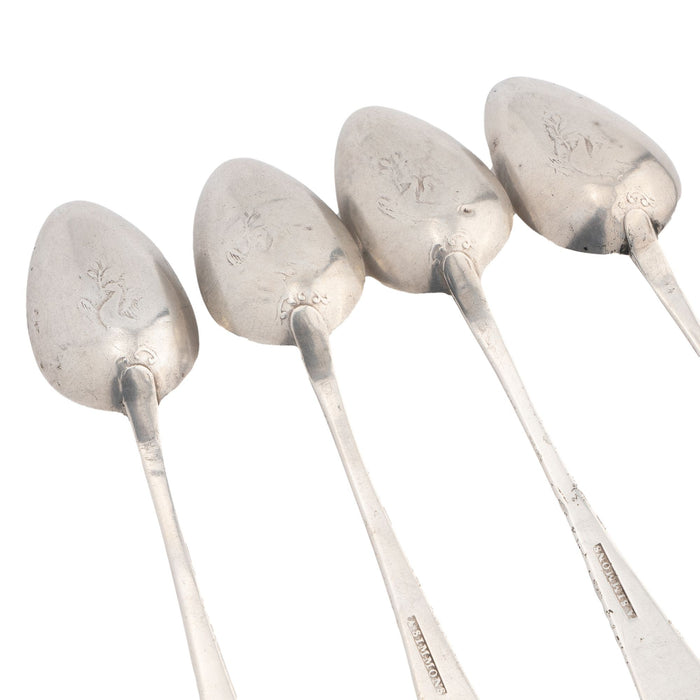 Set four American coin silver bird back tea spoons by Anthony Simmons (1795-1808)