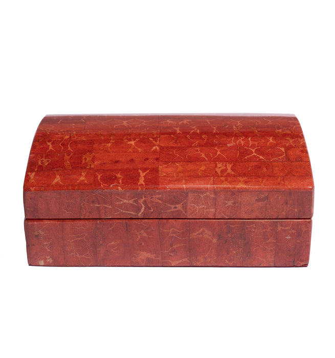 Vintage coral red domed covered box lined in velvet
