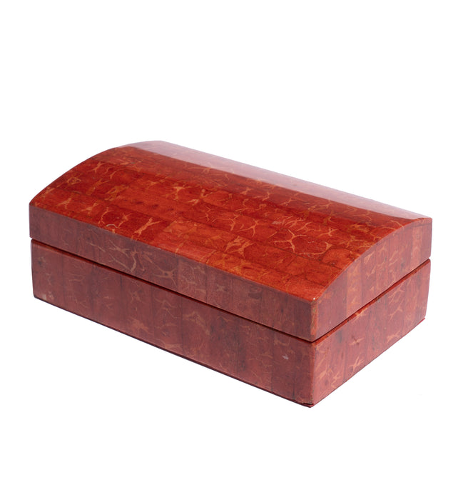 Vintage coral red domed covered box lined in velvet