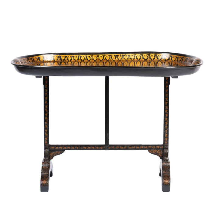 Jennings & Bettridge attributed papier mache tray on hinged tilt top stand (c. 1830)