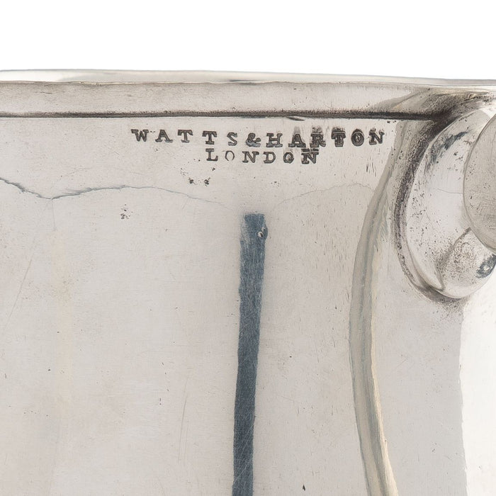 Watts & Harton tulip shaped polished pewter mug with applied scroll handle (c. 1830)
