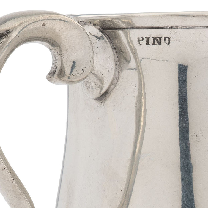 Watts & Harton tulip shaped polished pewter mug with applied scroll handle (c. 1830)