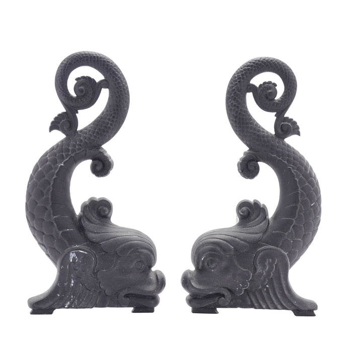 Pair of cast iron dolphin form andirons by Bradley & Hubbard (c. 1900)