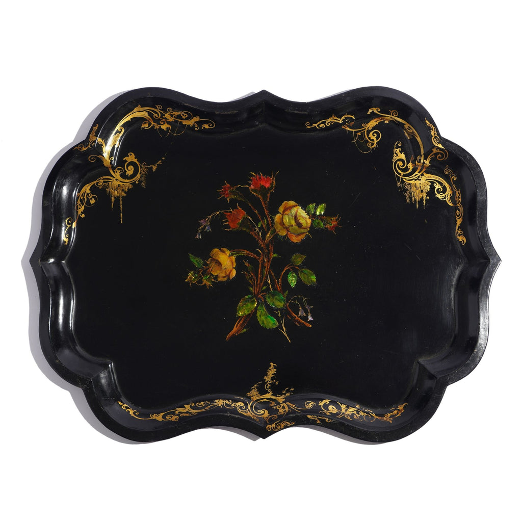 English tole tray with rose decoration and Mother of Pearl inlay