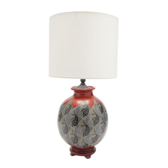 Terra cotta vase lamp with Escher-style surface designs by Vladimir Norori (c. 1950)