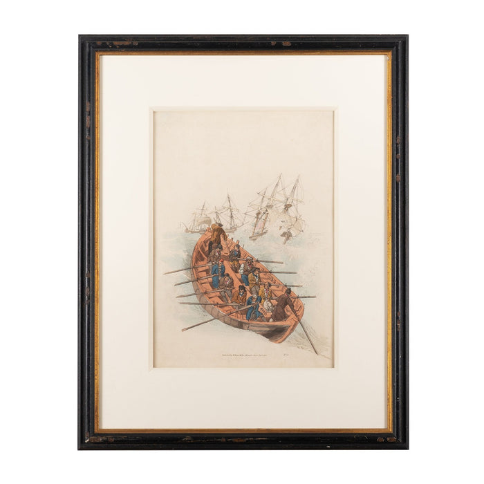 Hand colored engraving on paper of sailors in a long boat by William Miller (1805)