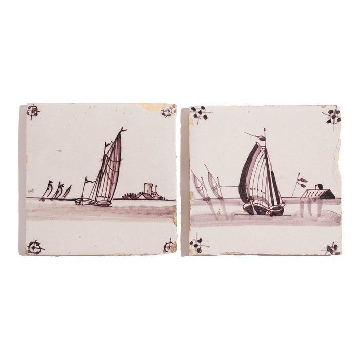 Pair of mulberry faience tiles of sailing vessels (c. 1700's)