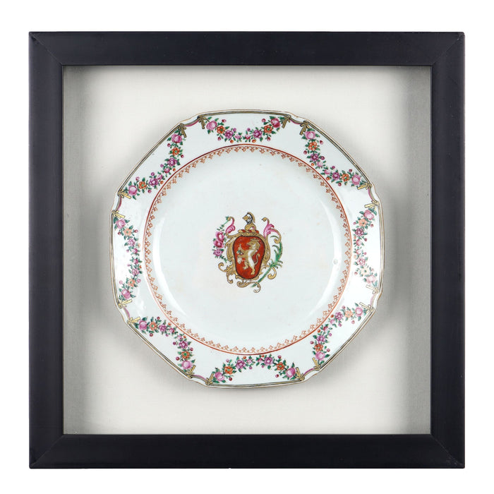 Framed Chinese armorial export octagonal dinner plate (c. 1780)