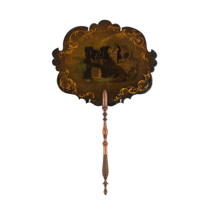 English papier maché face screen with turned rosewood handle (c. 1835)