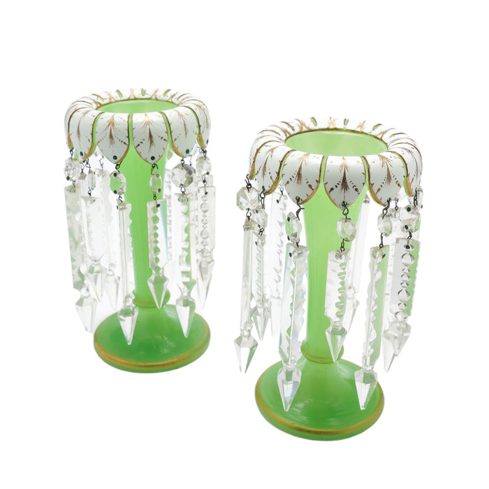 Pair of English Regency trumpet form glass garniture vases with lusters (c. 1830)