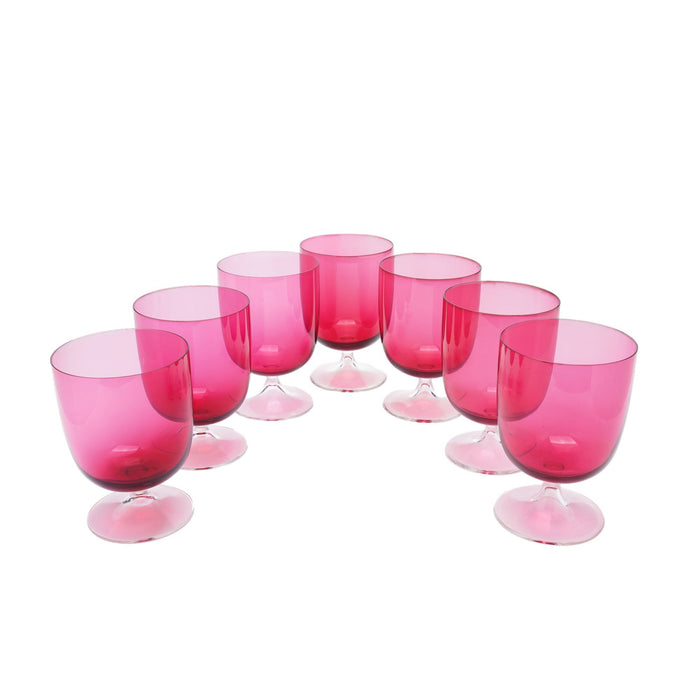 Set of seven English hand blown cranberry goblets (c. 1900)