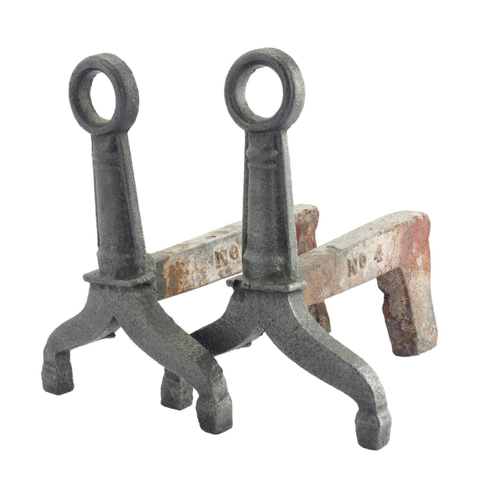 American puddle cast iron andirons with ring form finial (c. 1820)