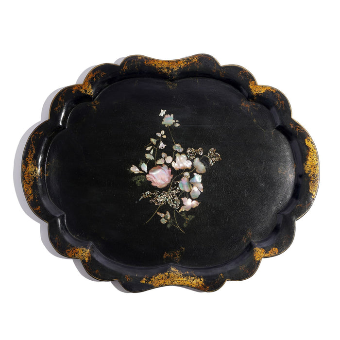 English inlaid paper mache tea tray with scalloped edge (c. 1850's)