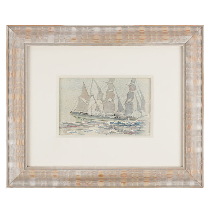 Watercolor study on paper of a three masted schooner at sea by Andrew Bennett (c. 1900's)