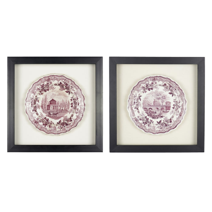 Pair of framed English mulberry transfer tea plates with two views of Philadelphia (c. 1835)