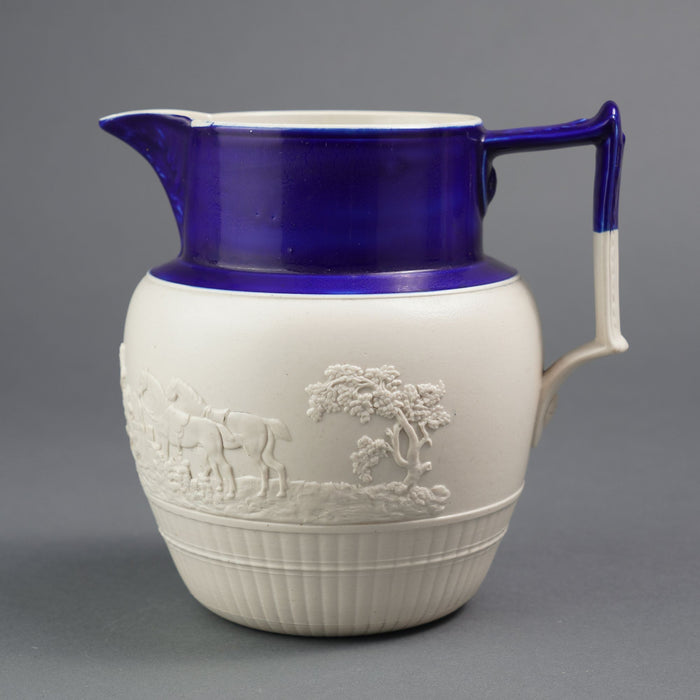 English stoneware hunt jug with cobalt detail (c. 1800)