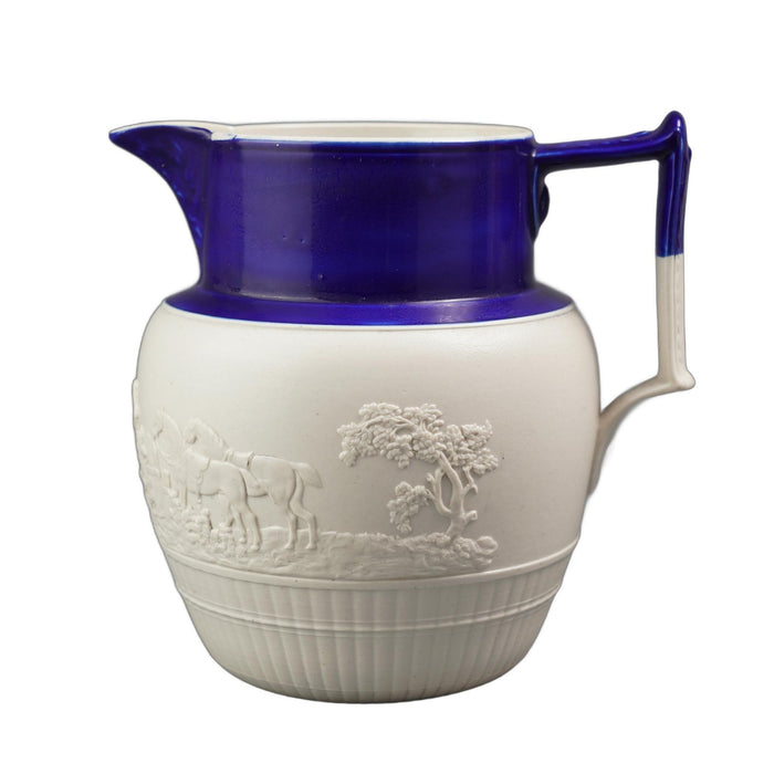 English stoneware hunt jug with cobalt detail (c. 1800)