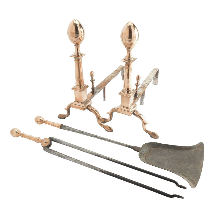 Boston bell metal lemon top andirons with matching fire tools (c. 1790)