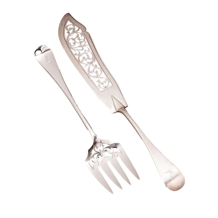 English sterling silver fork and knife fish set by Chawner & Co (1856)