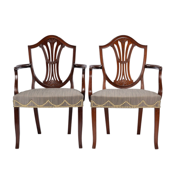 Pair of English Sheraton mahogany shield back armchairs (c. 1790)