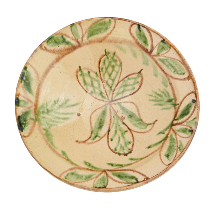 Cream color redware footed bowl with green tracery leaf decoration (1800's)