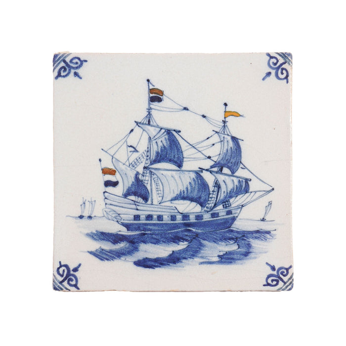 Delft faience tile of a galleon with tricolor flags (c. 1600's)