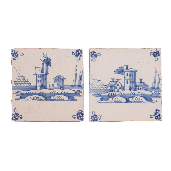 Pair of Delft faience tiles in cobalt blue (c. 1700's)