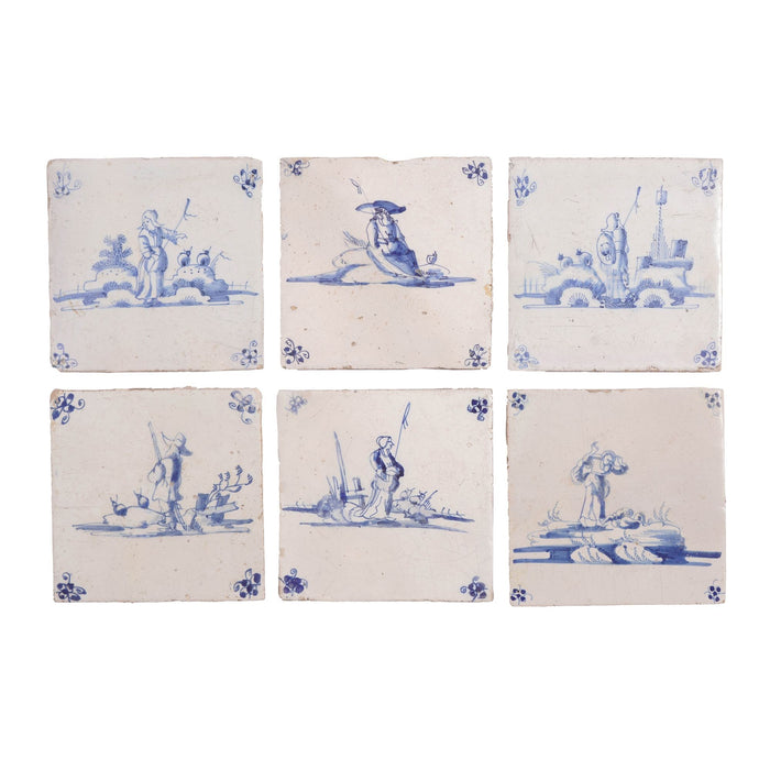 Set of 6 Delft cobalt blue figural faience tiles (c. 1650)