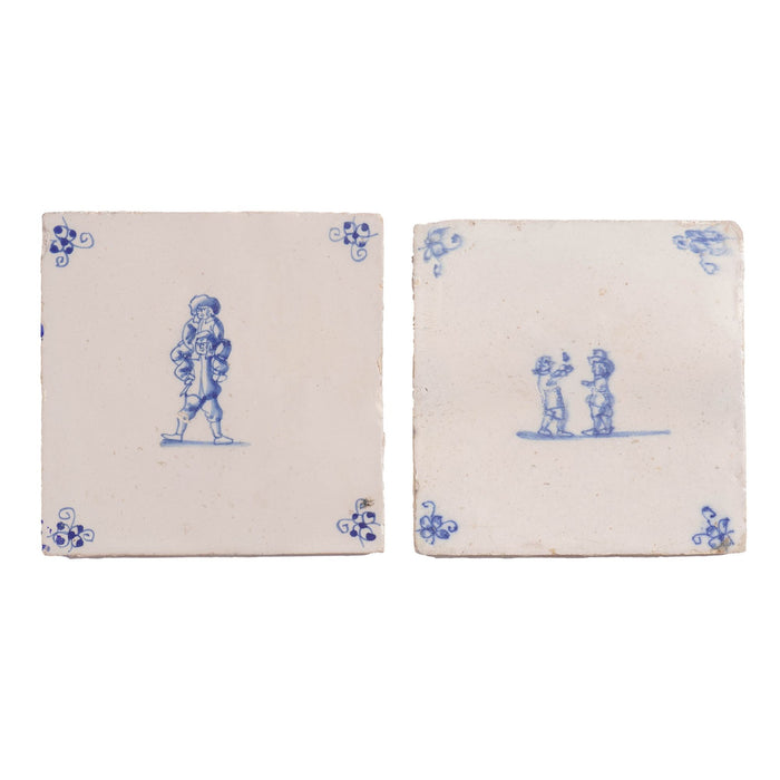 Pair of Delft double figure faience tiles in cobalt blue (c. 1600’s)